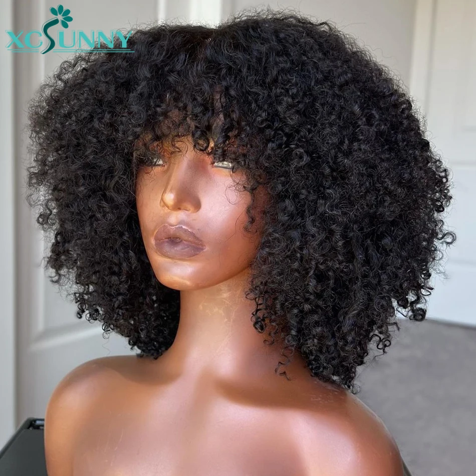 Kinky Curly Bang Wig Human Hair Short Curly Human Hair Wigs With Bangs Full Machine Made Wig Glueless Natural Hair Xcsunny