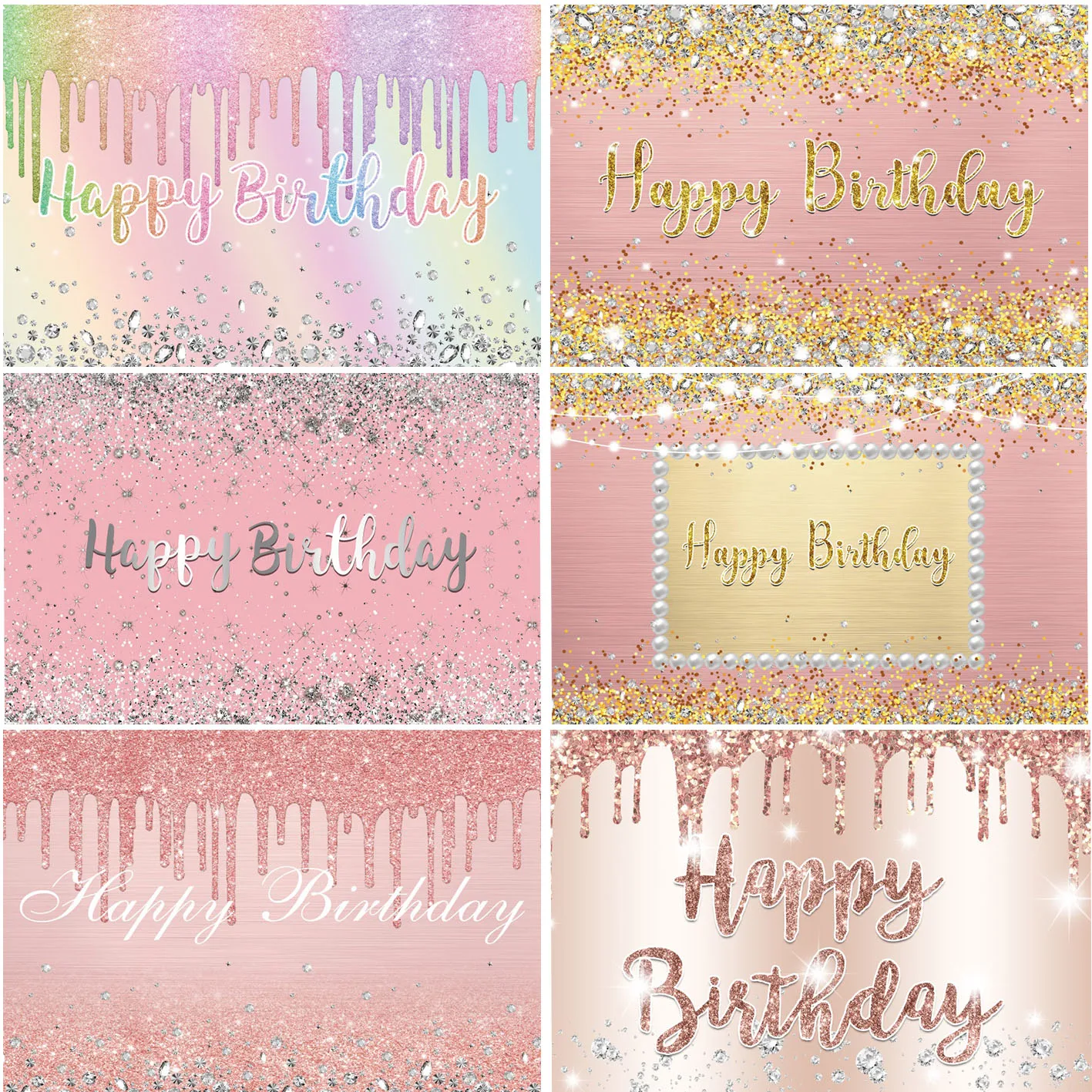 

Glitters Color Shiny Diamonds Happy Birthday Celebration Party Decoration Custom Photography Scene Photo Booth Banner Backdrops