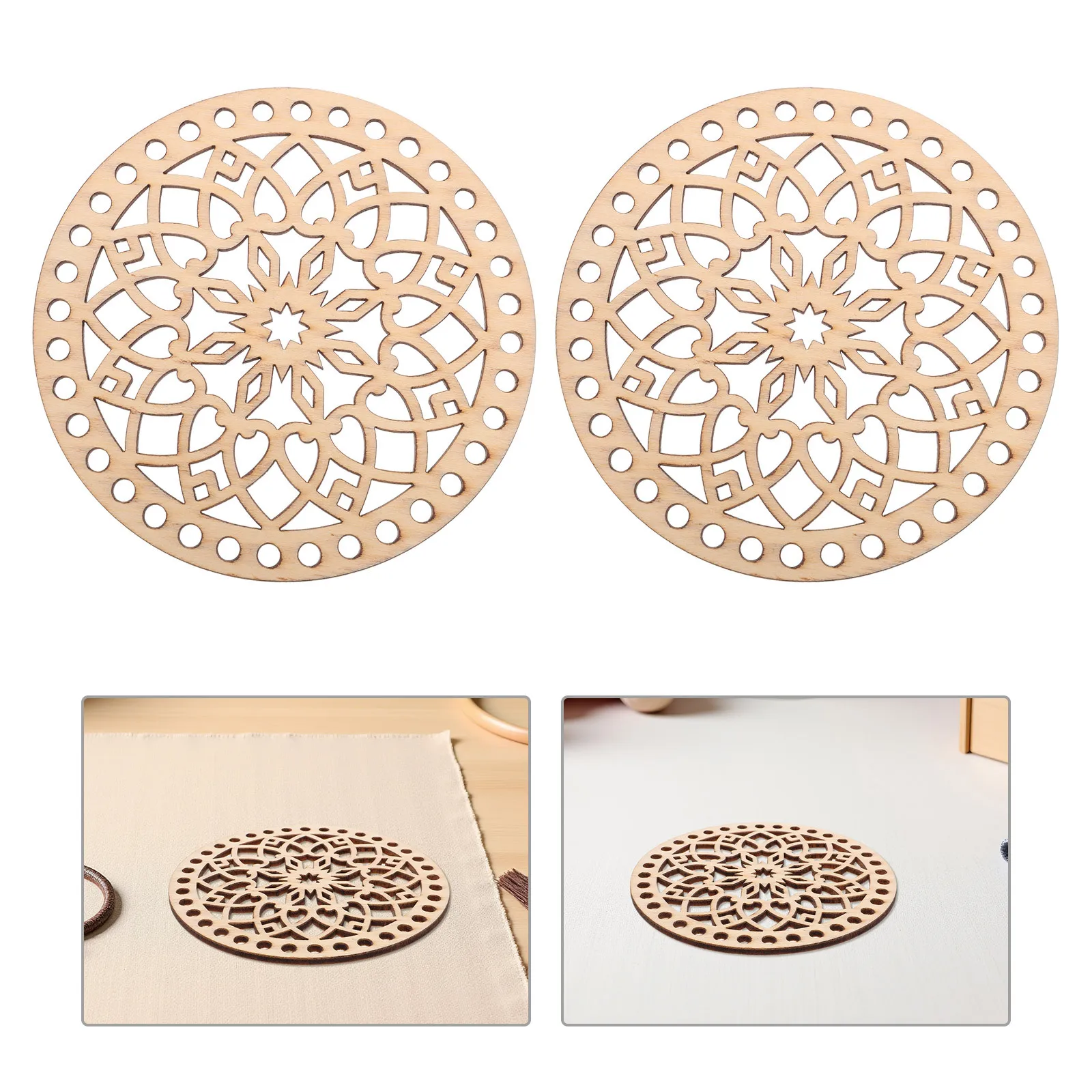 

4Pcs Round Crochet Basket Wood Base Hollow Carved Unfinished Wood Basket Bottom for DIY Bags Coasters Kitchen Decor