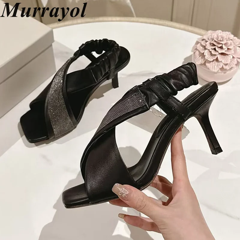 New Cow Suede Cross Design Thin Heels Sandals Women String Bead Decor Sandalias Summer Hight Heel Dress Shoes Runway Shoes