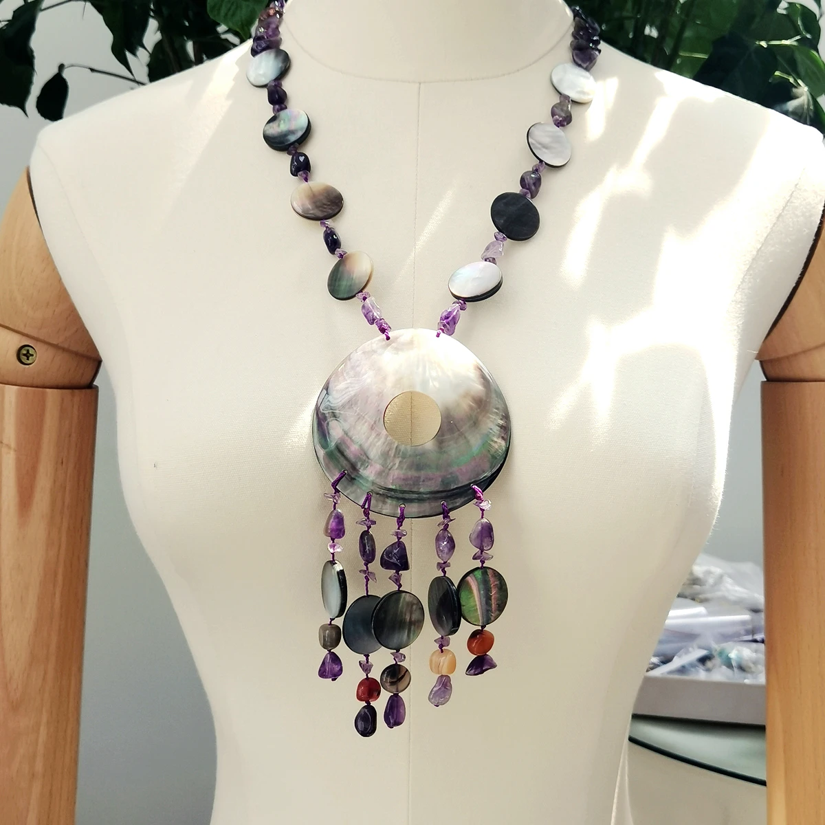 Lii Ji Real Stone Amethyst Shell Mother of Pearl Carnelian Tassels Necklace 60cm Statement Big Necklace