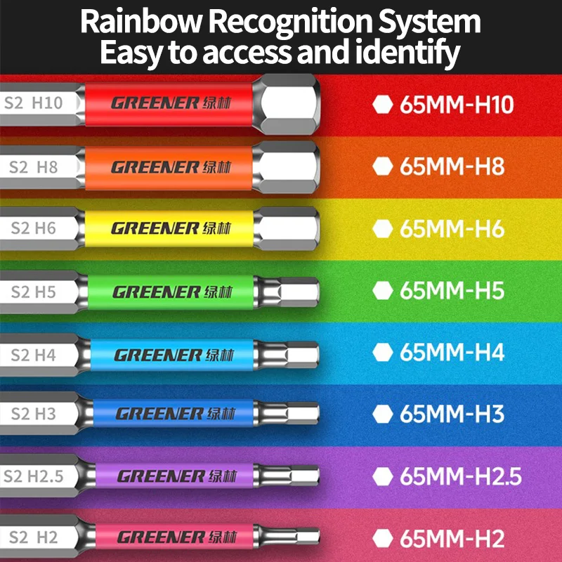 GREENERY Rainbow Hex Head Allen Wrench Screwdriver Bit Set S2 Tungsten Steel Multi-Size Impact Quick Release for Electric Drill