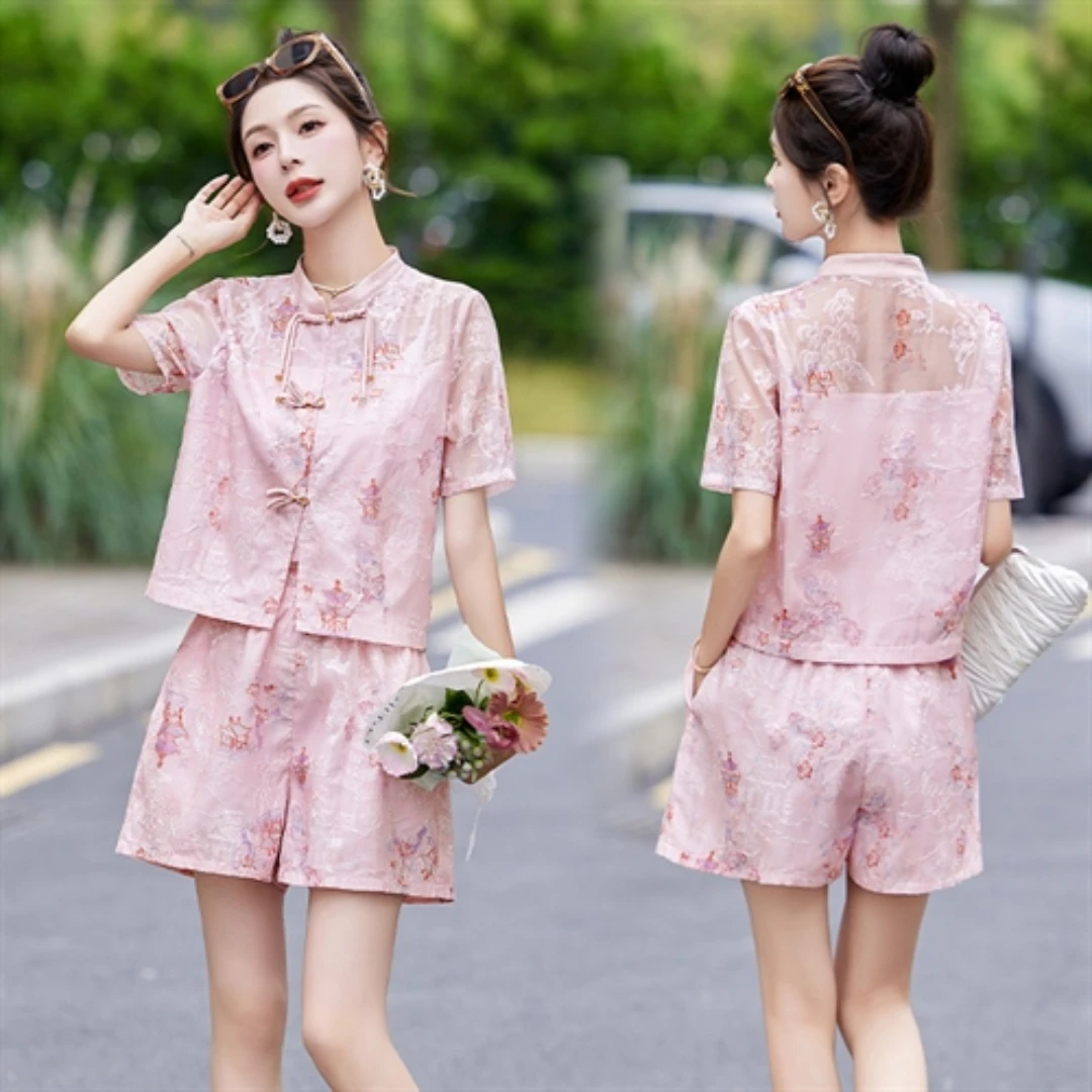 New Chinese National Style Plate Buckle Shorts Two-piece Set 2024 Summer Fashion New Ageing Improved Hanbok Top Pants