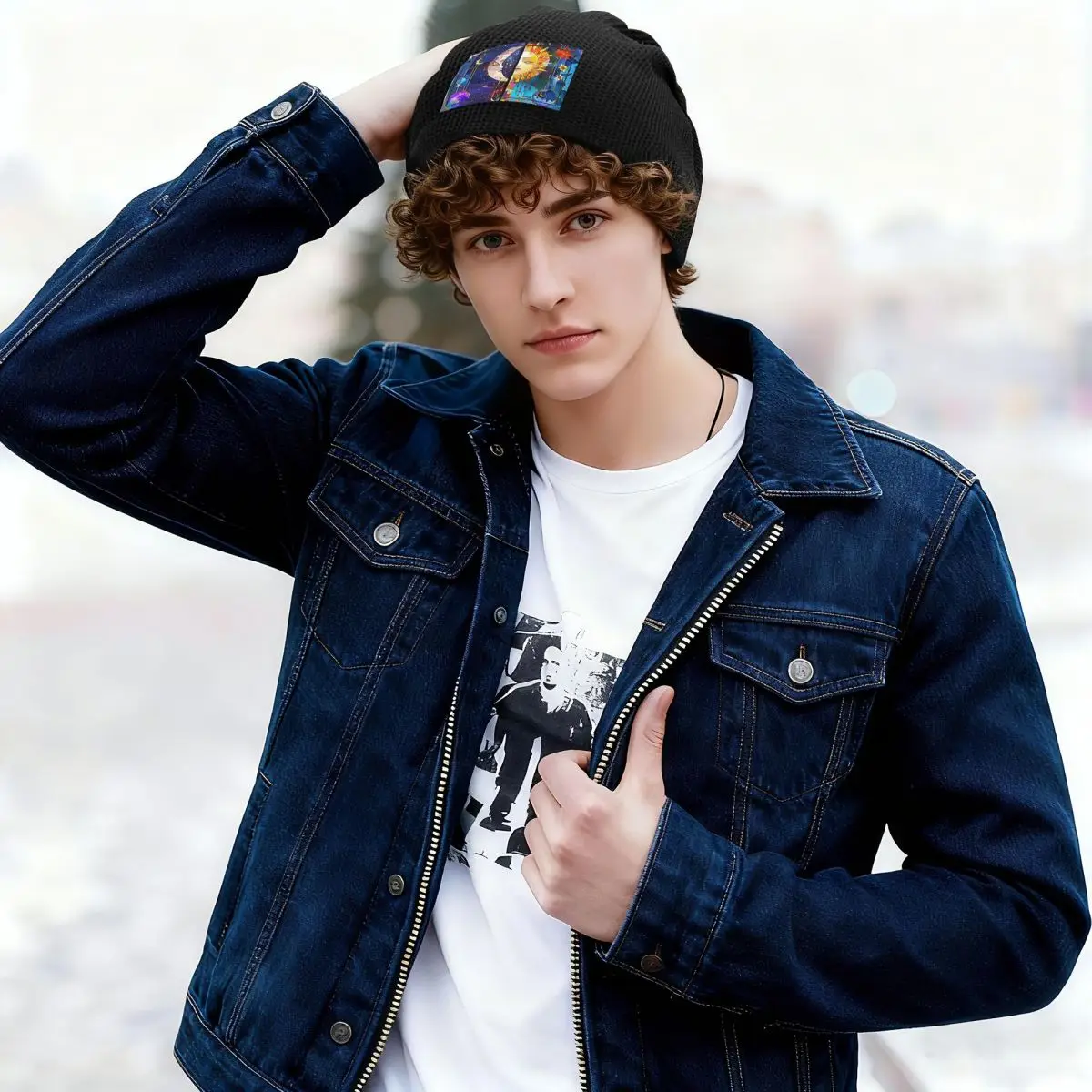 Trendy Sun Moon Boho Cosmos Astrology Skullies Beanies Hats Warm Autumn Winter  Cap Fleece-Lined Bonnet Caps for Men Women Adult