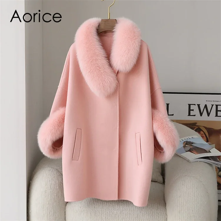 Frauen Luxus Winter Wolle Pelz Mantel Jacke Femal Fox Pelz Kragen Mäntel Dame lange über Größe Parka Graben ct2135