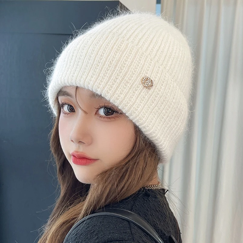 Premium Sense Chic Style Versatile Casual Solid Color Velvet Rabbit Fur Hat Crimped Diamond Label Ear Protector Knitted Hat
