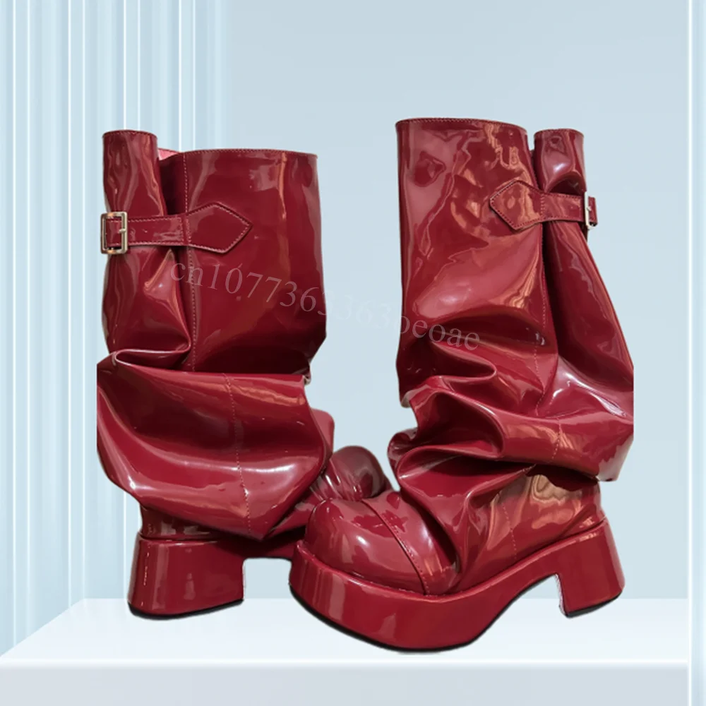 

Folded Round Toe Boots Punk Style Patent Leather Punk Shoes for Women Flipped Knee High Fashion Shoes 2025 Zapatos Para Mujere