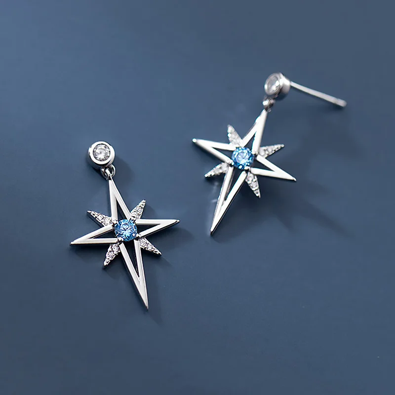 Real 925 Sterling Silver Fashion Charm Star Blue CZ Stud Earrings For Women Wedding Party Fine Jewelry DS559