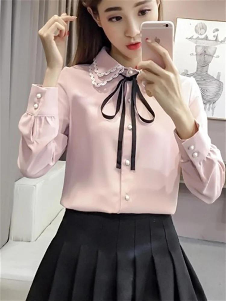 Women Spring Autumn Style Vintage Blouses Shirts Lady Casual Long Sleeve Turn-down Collar Pink White Blusas Tops DF3089