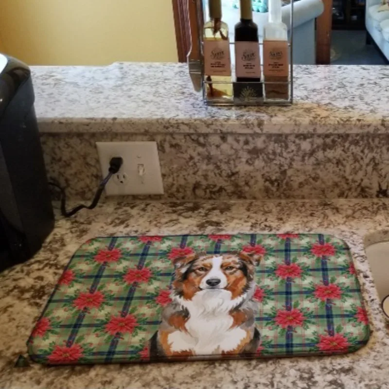 

Practical 14x21in Red Merle Australian Shepherd Christmas Poinsettias Absorbent Dish Drying Mat Multicolor Kitchen Counter Pad