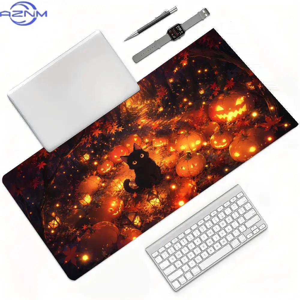 XXL Gaming Desk Mat, Halloween Night Cabin Path Scene Mouse Pad with Black Cat & Glowing Pumpkin Lantern