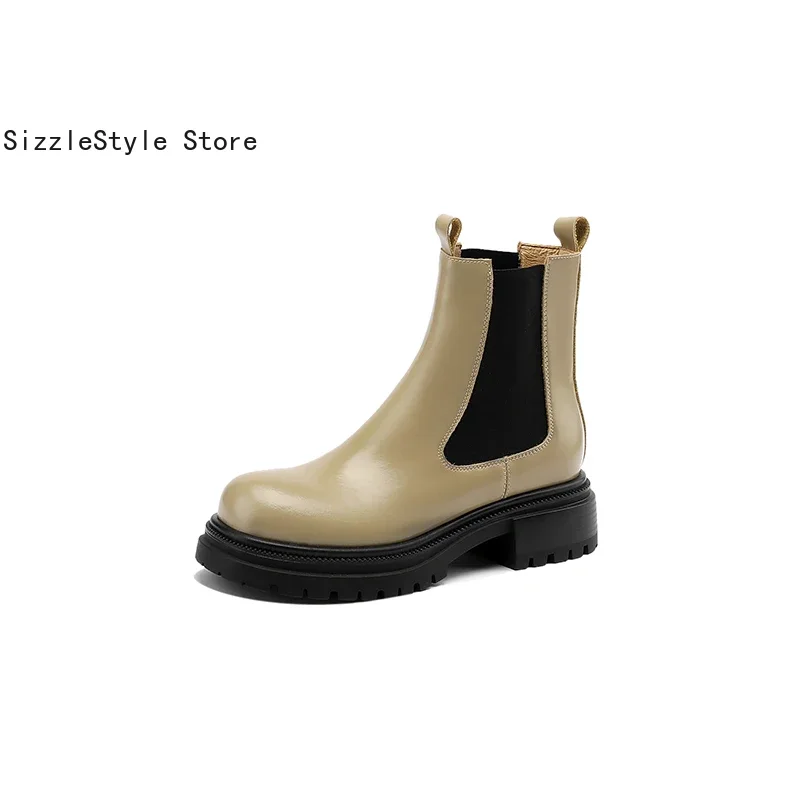 Fashionable Color Matching Two-layer Cowhide Round Head Stitching Comfortable Thick-soled Short-tube Women's Short Boots