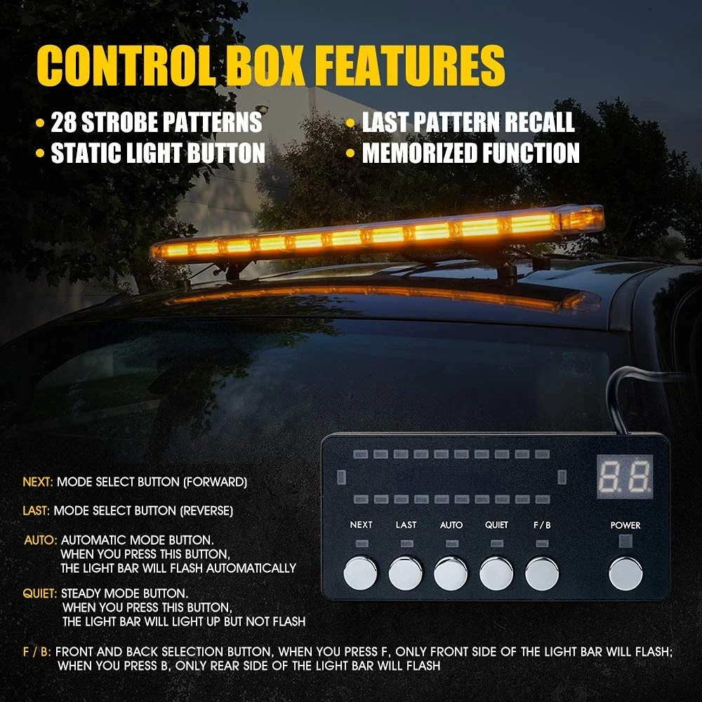 47 Inch Amber 88 LED Emergency Strobe Light Bar 12V Roof Mount Warning Hazard Light 28 Flash Patterns for Tow Trucks Car SUV