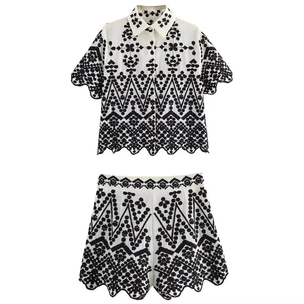 HH Women Embroidery Blouse Shorts Sets Lapel Short Sleeve Shirts Casual Side Zipper Short Pant Streetwear Y2k Outfit