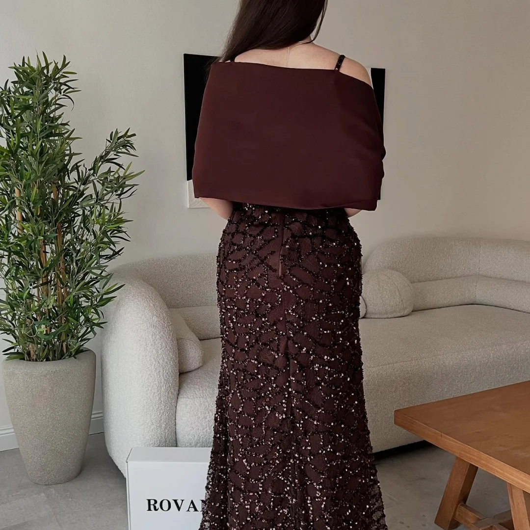 Bella Customized Dark Brown Square Neck Prom Dress Sequin Embellished Bow Shoulder Cape robes de soirée Slim-Fit Mermaid 2025