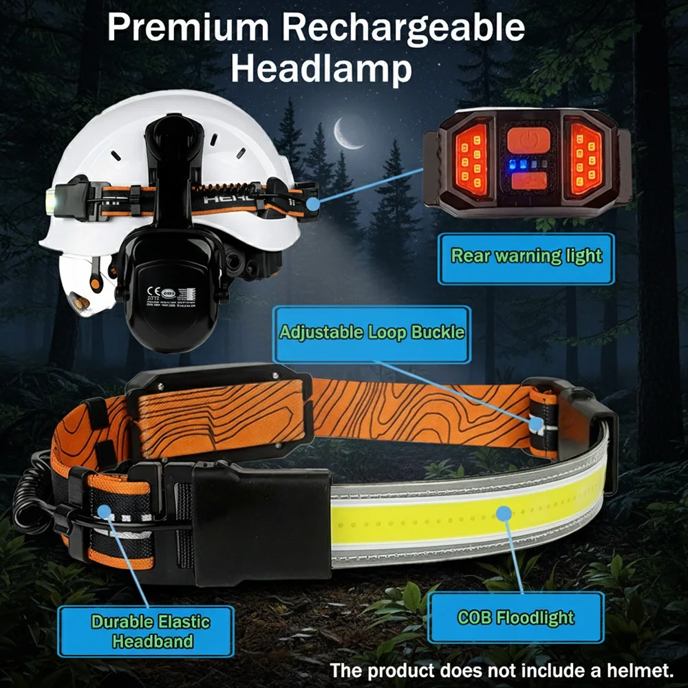 LED Headlamp with Tailight for Safety Helmet Rechargeable Headlamps Flashlight 230° Wide Beam Headlight Hard Hat Accessories
