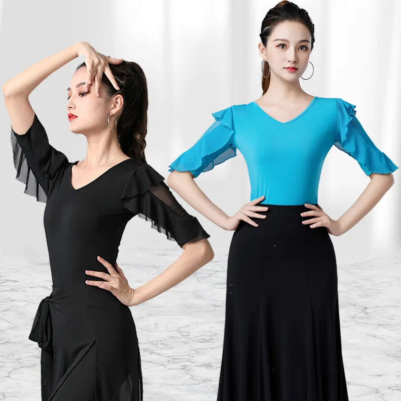 Elegant V-Neck Ruffle Pleated Dance Tops For Women Solid Color Slim Fit 3D Curve Long Sleeve Latin Ballroom Modern Dancewear