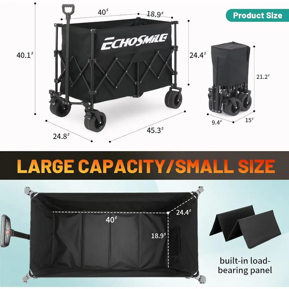 500lb Capacity 300L Collapsible Utility Wagon with All-Terrain Wheels for Outdoor Activities and Shopping