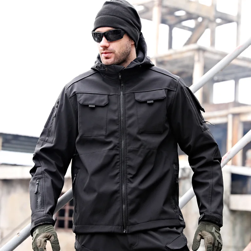 

Sharkskin Hunting Jacket Men's Outdoor Softshell Waterproof Windproof Hooded Jacket Outdoor Functional Uniform Multiple Pockets