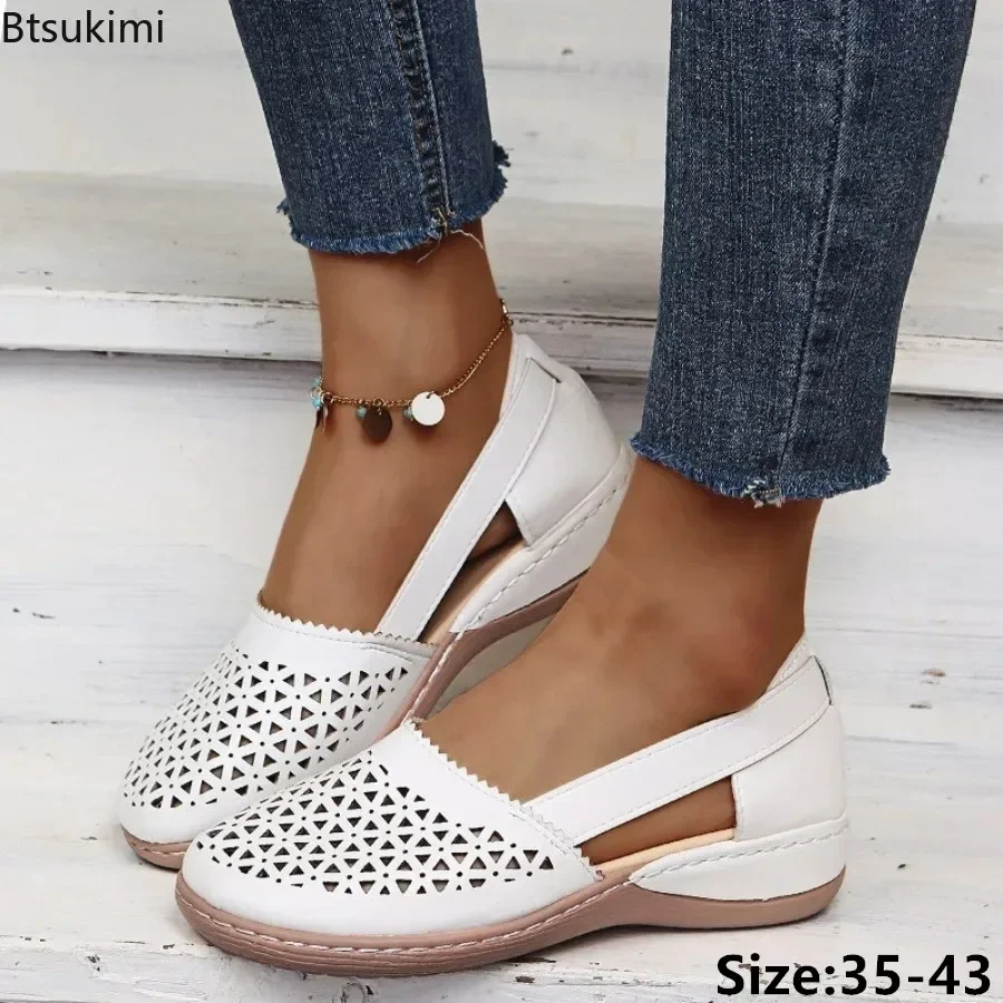 

2025 Women's Casual Sandals Wedges Hollowed Out Solid Ladies' Single Shoes Low Heel Sandals Female Casual Flat Shoes Women Shoes