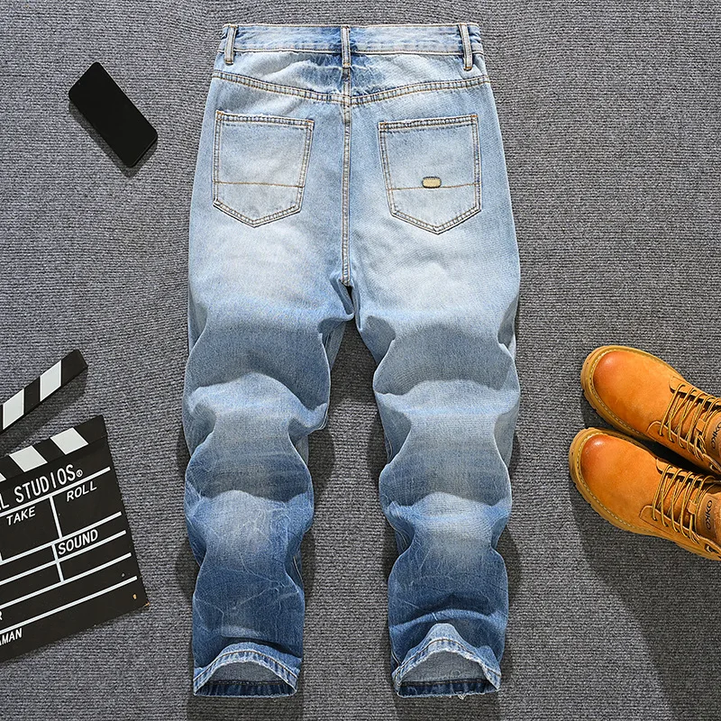 

2025 New Spring and Summer Trendy Brand Loose Straight leg Jeans for Men and Youth, Retro High Street Gradient Blue Pants