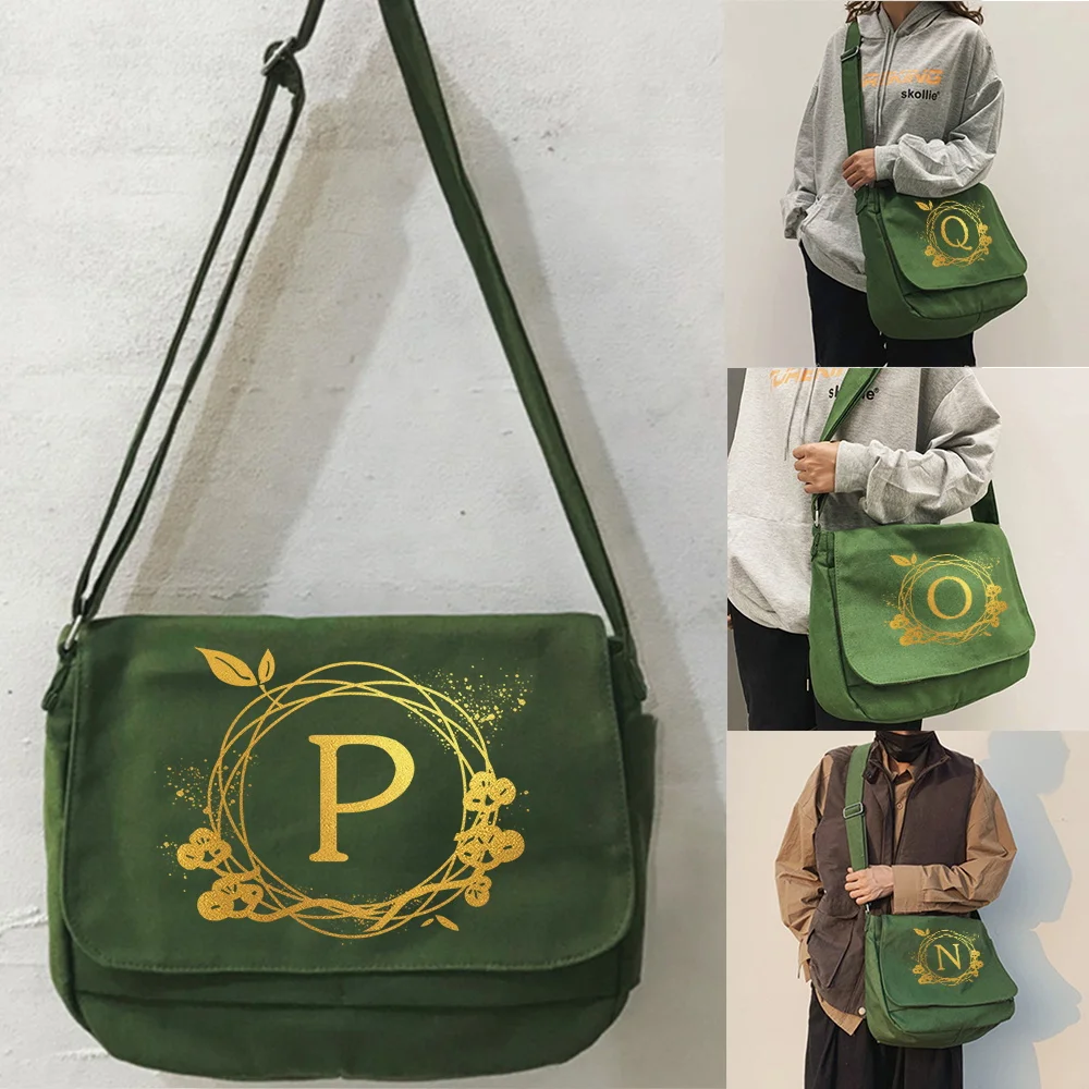 Large Capacity Shoulder BagsWomen Crossbody Package Green Canvas Leisure Travel Messenger Bag Wreath Initial Name Series