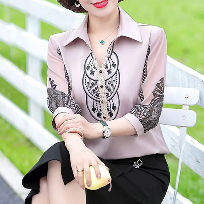 2024 New Fashion Lace Patchwork Shirt Vintage Summer Half Sleeve Female Clothing Casual Polo-Neck Button All-match Loose Blouse