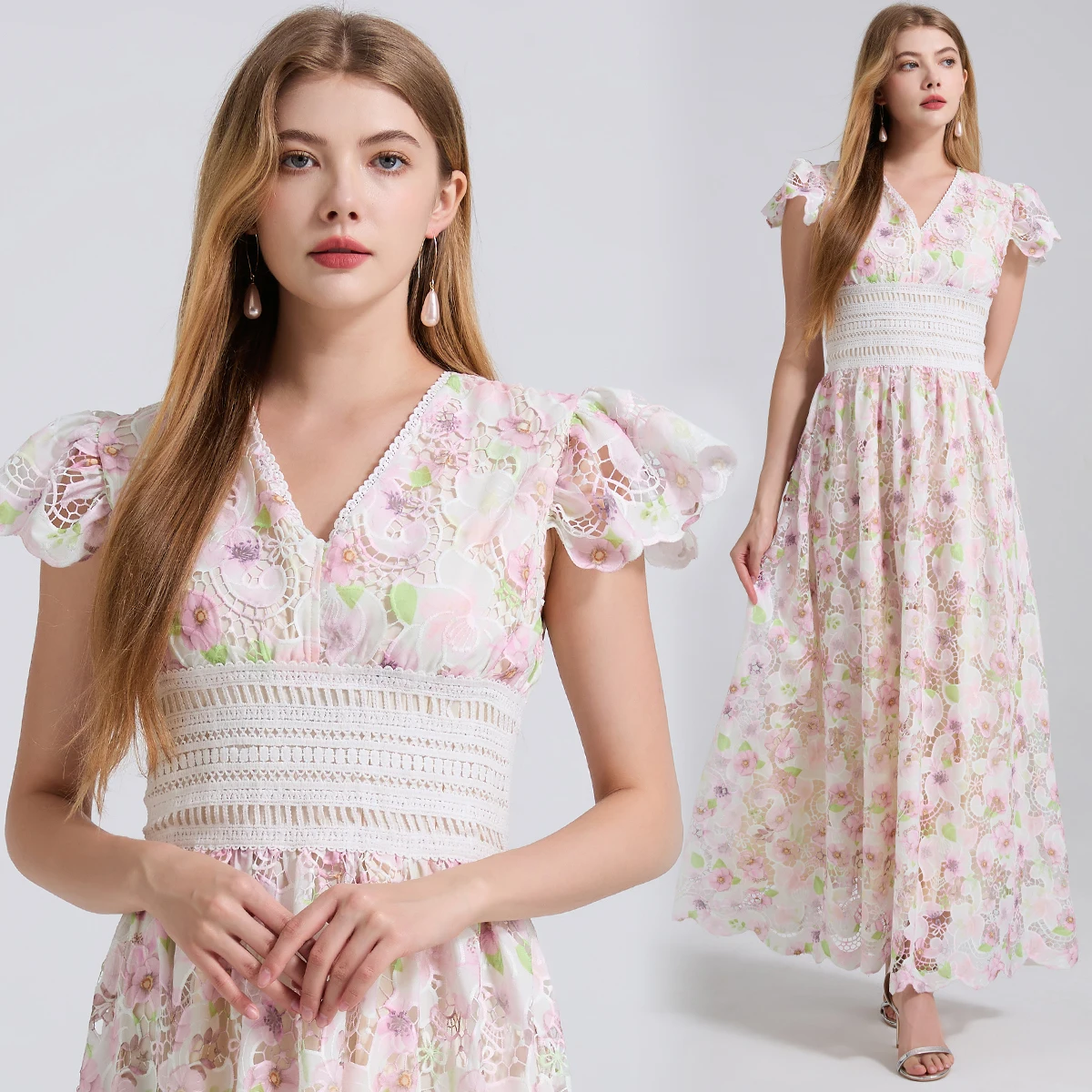 

Three dimensional flower splicing lace flying sleeves high waist dress slim fit A-line skirt long dresses for women clothing