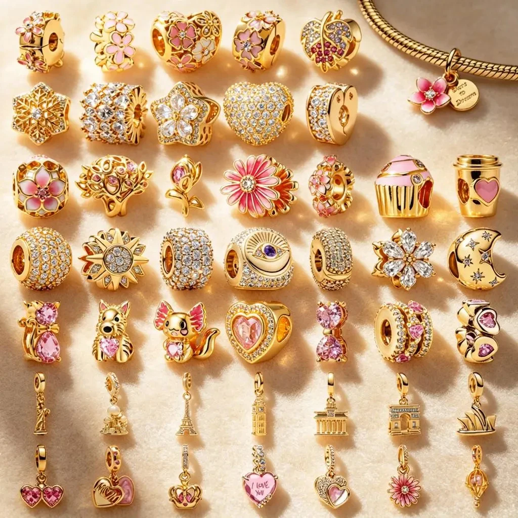 New Sparkling Golden Charms DIY Jewelry Gifts Pink Daisy Flower Bow Cupcake Eiffel Tower Snowflake Beads Fit Original Bracelets