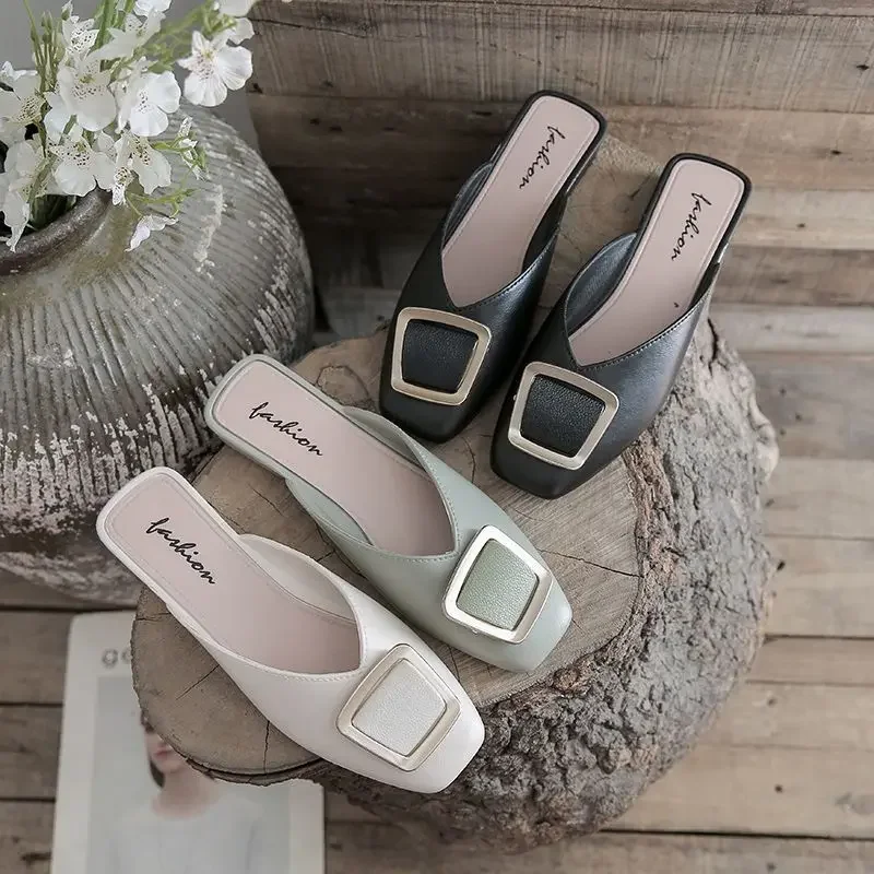 Low Heel Indoor Leather Women\'s Slippers and Ladies Sandals Outside Shoes Soft Job Slides Pearl Mules Natural Skin Footwear Pvc