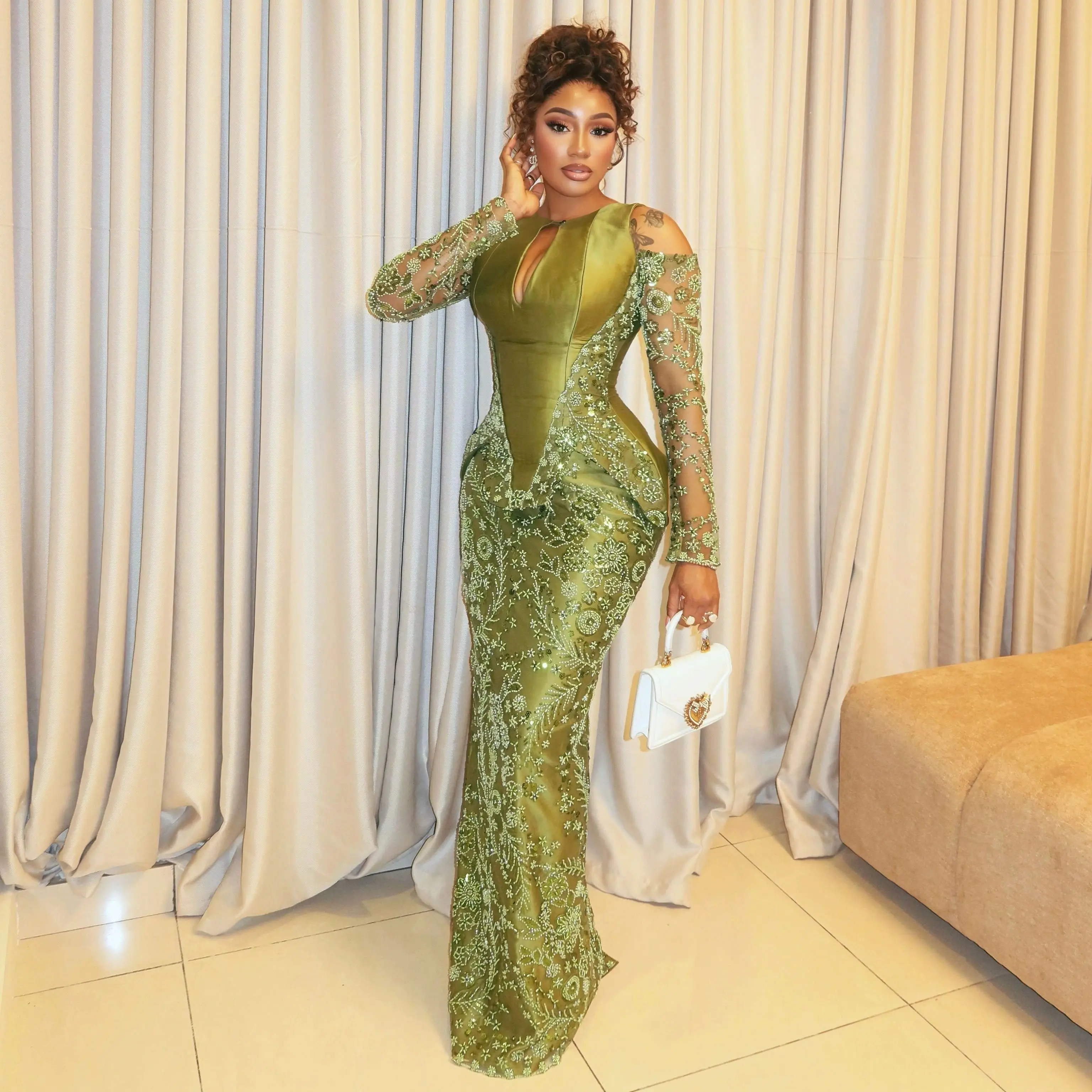 African Women Olive Green Beaded Mermaid Gown Cold Shoulder Keyhole Neck Satin Patchwork Lace Evening Party Dress