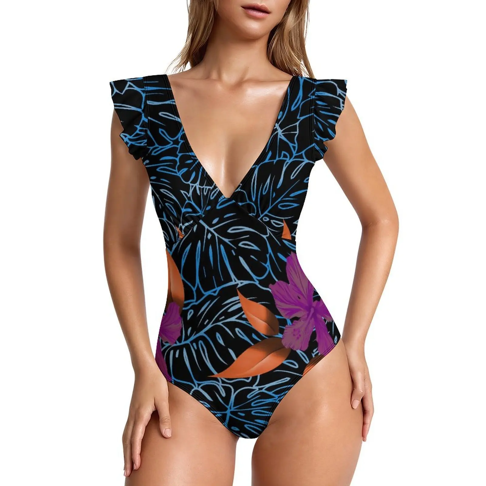 

Summer Large-Sized V-Necked Frill Sleeve Women'S Beach Custom Pattern Sexy One-Piece Swimsuit - Polynesian Tight Bikini