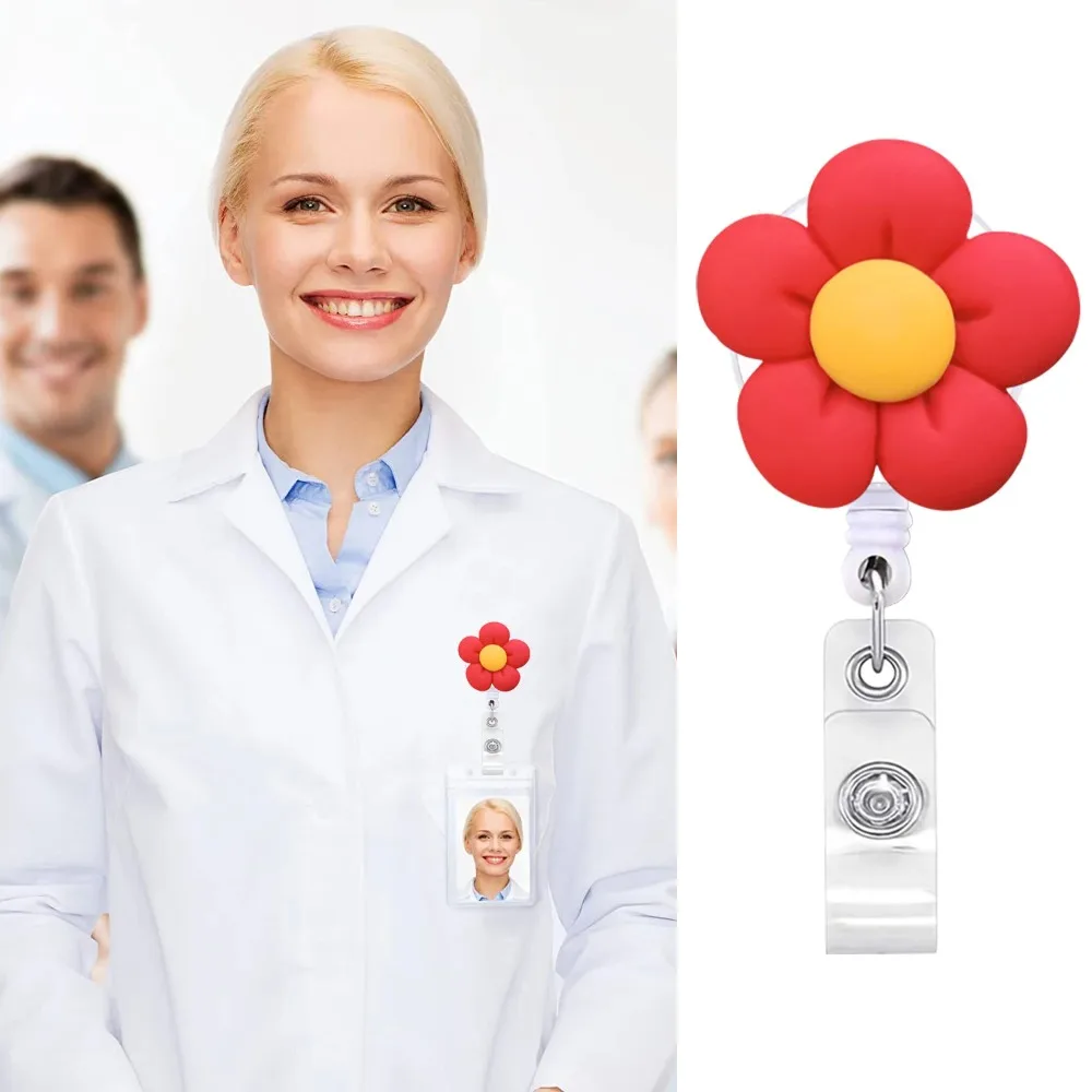 Women Cute Retractable Resin Colored Flowers Nurse Doctor Chest Badge Reel Clip Holder Work ID Card Holder Keychain Accessories