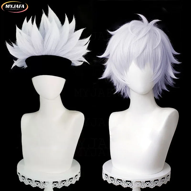 Parrucca Cosplay Gojo Satoru di alta qualità una parrucca bianca argento viola resistente al calore capelli sintetici parrucche Cosplay Anime + cappuccio parrucca