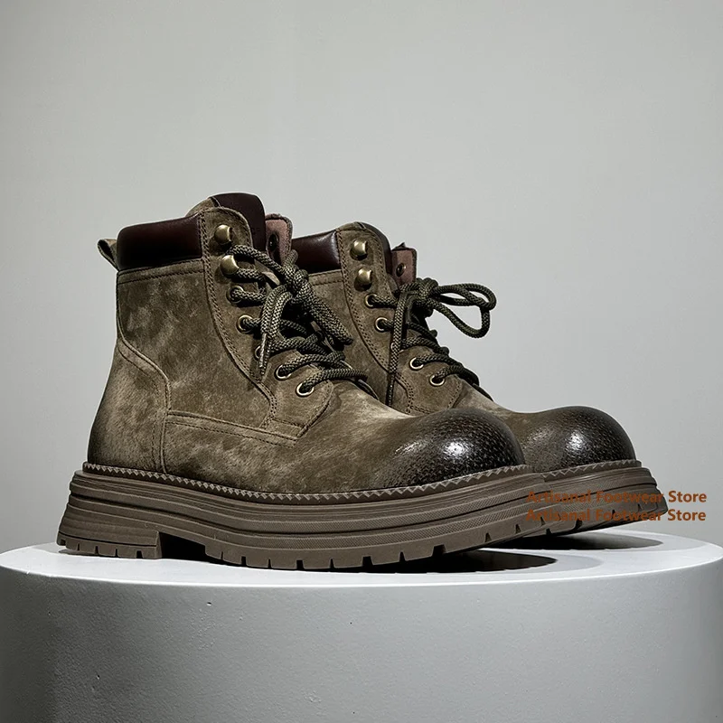 Thick-Soled Motorcycle Men's Boots Retro British Style Outdoor Leisure Hiking Workwear Ankle Boots Height Increasing Men Boots