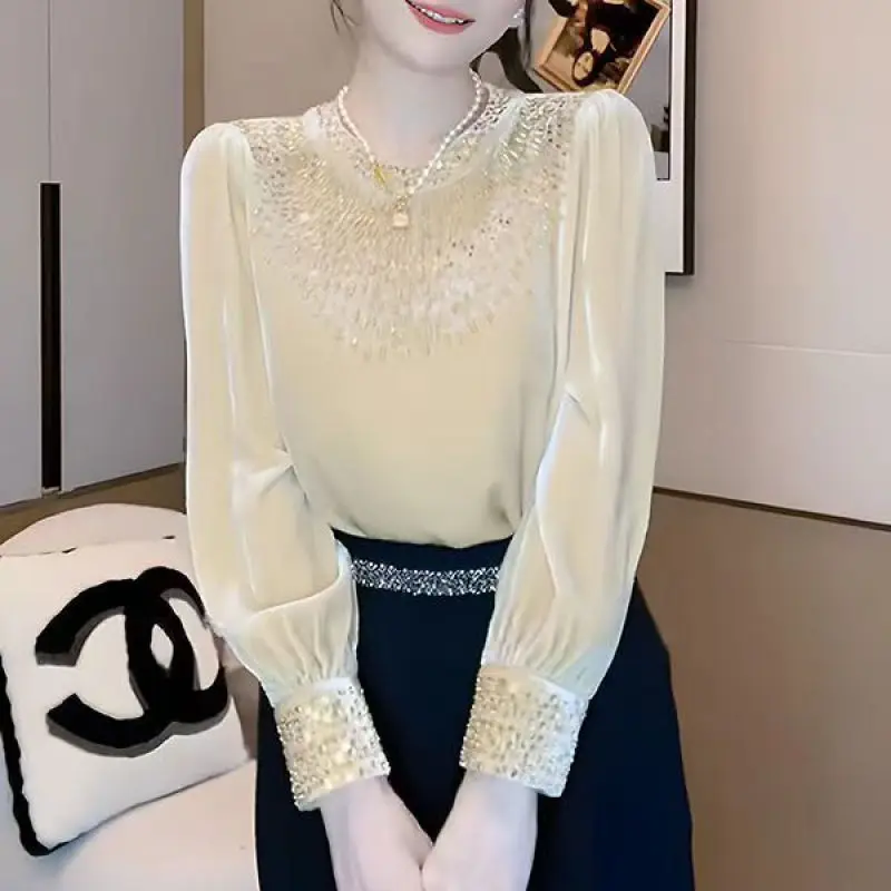 Frühling Herbst neue Damen Schwerindustrie Hot Diamond einfarbig Rundhals ausschnitt vielseitige Mode lose Langarm Chiffon Tops