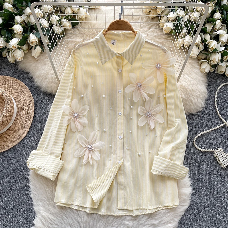 

Весенне-осенняя европейско-американская полосатая рубашка с длинными рукавами, женская свободная элегантная рубашка с объемными цветами и бриллиантами Op C375