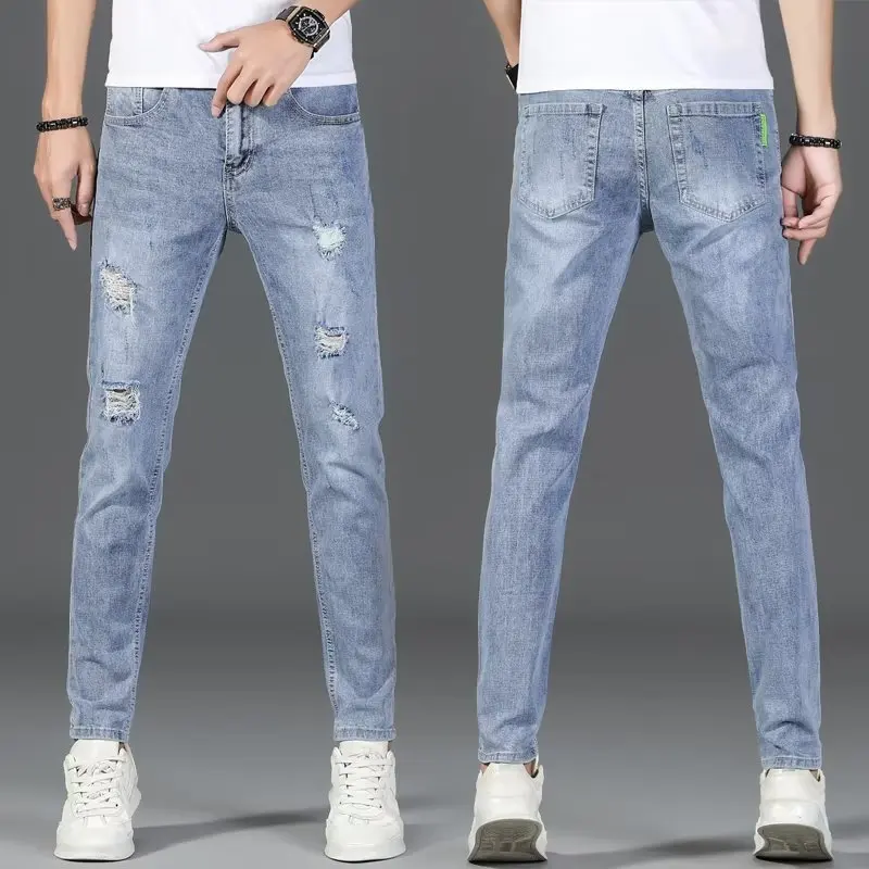 

Men's Elastic Slim Fit Light Blue Jeans Korean Fashion Hole Pants Youth Casual Ripped Slim Fit Denim Trousers