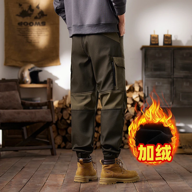 Men's Retro Tactical Work Pants with Winter Fleece Trendy Leg Binding Multi Pocket Color Block Casual Functional Trousers