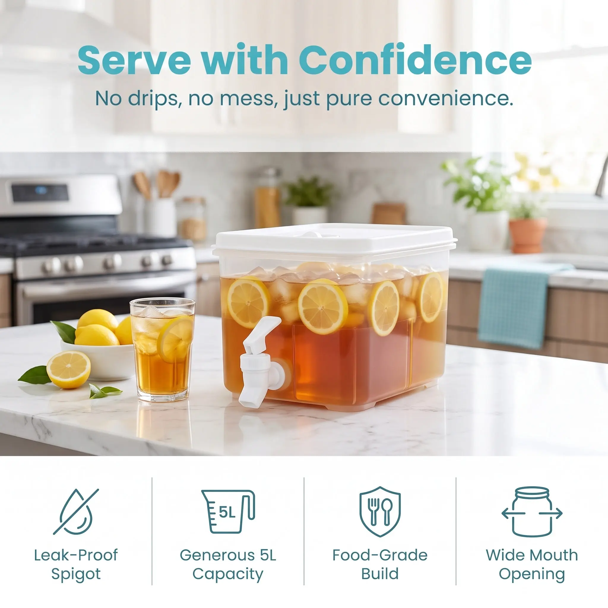 Large Capacity PP Beverage Dispenser for Iced Tea Fruit Infused Water Hot Green Black Scented Tea Desktop Hotel Party Drink