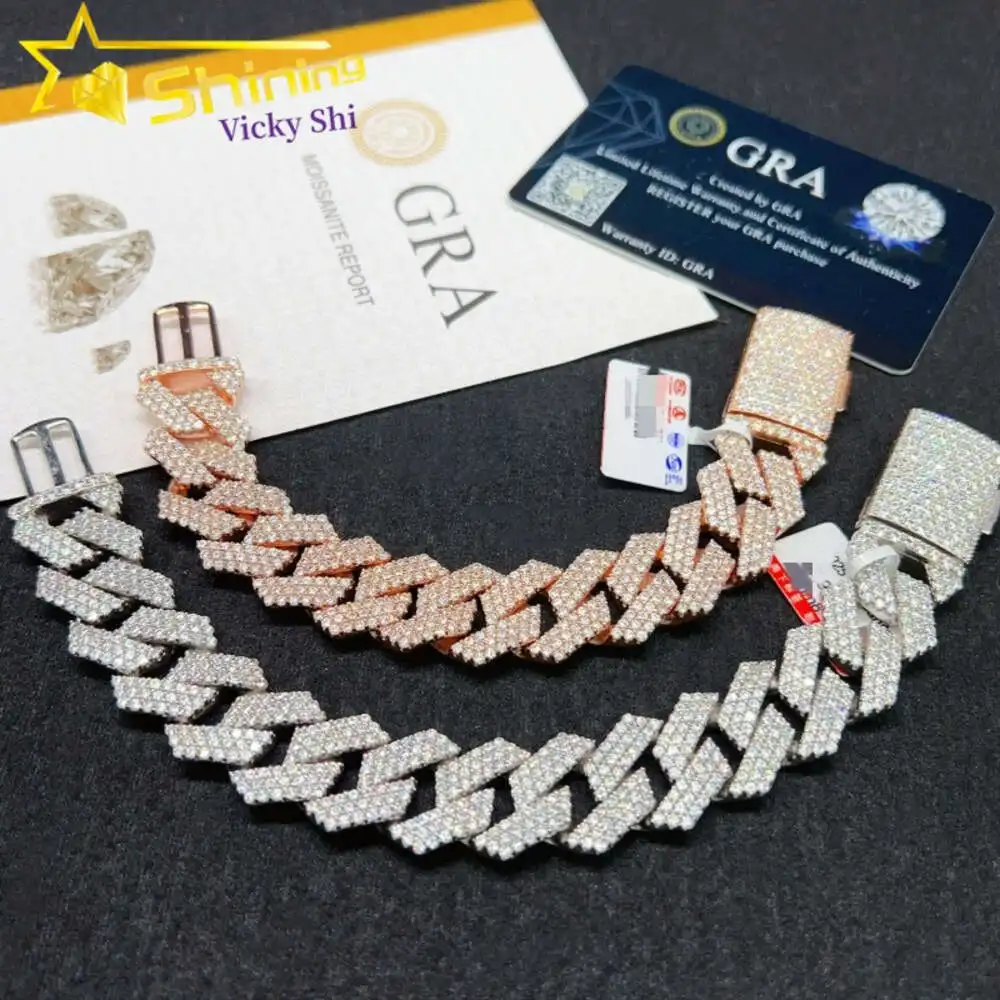 

Ready to Ship 925 Sterling Silver 19mm 3 Rows Mossanite Cuban Bracelet Rapper Iced Out Hip Hop Cuban Link Chain