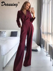 D​rauuing Long Sleeve Summer Jumpsuit Women V Neck Casual Straight Pant Jumpsuit Fashion Office Lady Jumpsuit Women Solid