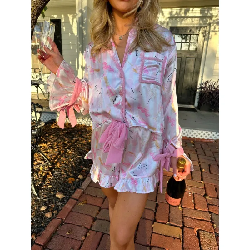 Women Flared Sleeves Single-Breasted Shirt Pajamas Lace-up Shorts Suit 2024 New Spring Sexy Loose Printed Pajamas Two-Piece Suit