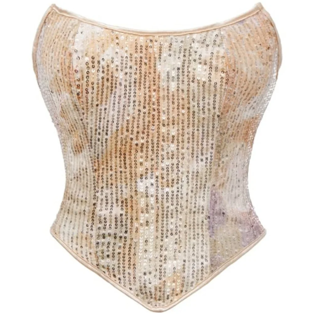 Shiny Gold Sequin Overbust Corset Strapless Back Lace Up Hand Sewn Glitter Waist Trainer Rave Festival Outfit Bustier Corset