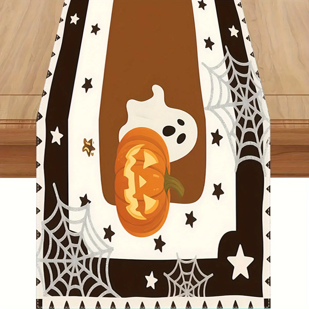 

Цельный настольный флаг на тему Хэллоуина, рисунок тыквы-призрака, коричневый, черно-белый цвет, подходит для вечеринок, ресторанов, дома, ринков и праздничных сцен.