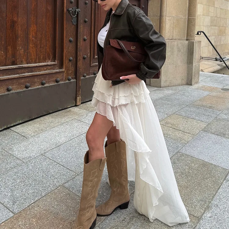 2026 التنانير فضفاضة المشمش غير رسمية للنساء موضة عالية الخصر مطوي التنانير أنيقة رقيقة الطابق طول تنورة الملابس النسائية