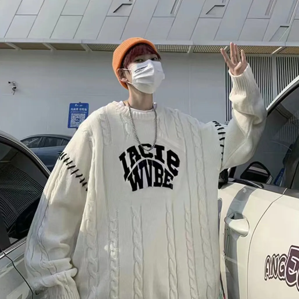 Suéter de Malha Plus Size com Gola Redonda Casual Ajuste Solto Moda Masculina Outono Inverno Estilo Retro Coreano Roupas para...