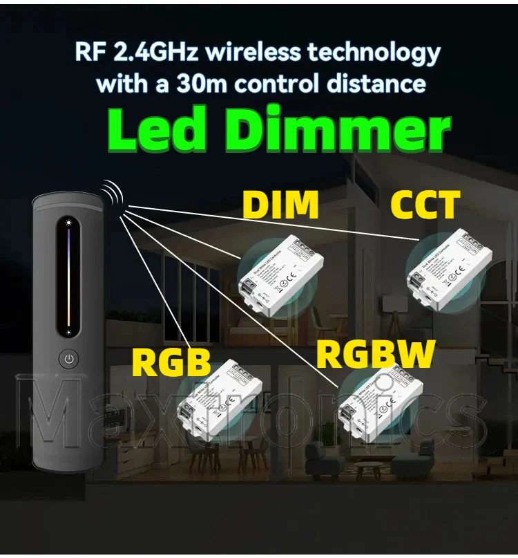 2.4Ghz Wireless RF Remote DC 12-24V Led Dimmer Controller 15A Output for Adjustable Singel Color Dual Color RGB RGBW  LED Strip