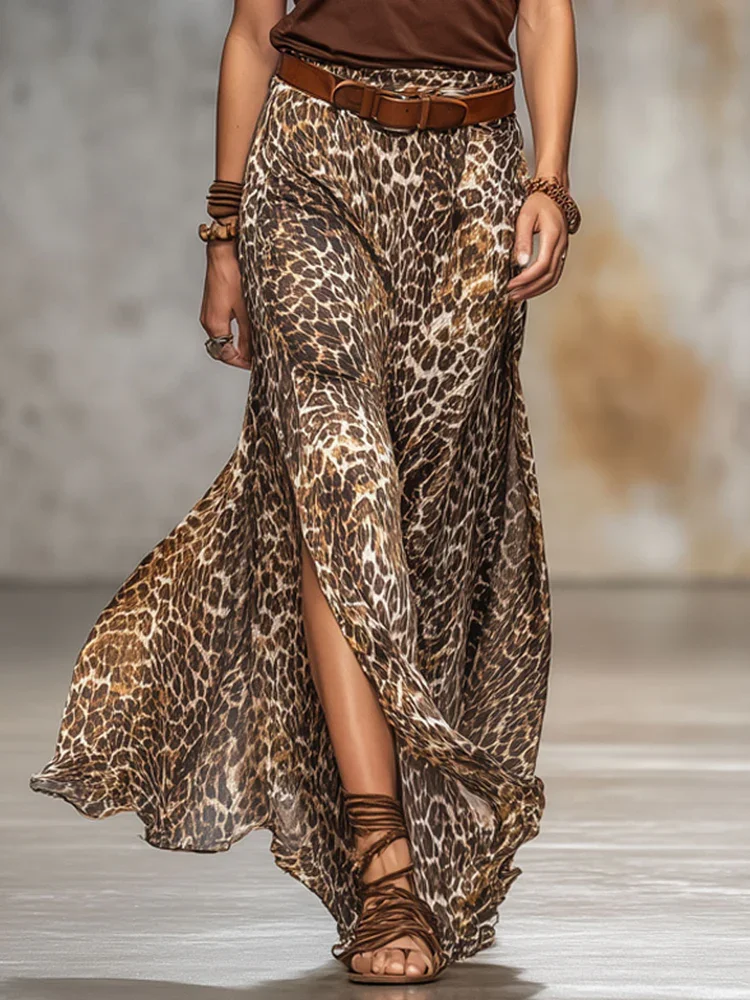 

Leopard Skirt for Women Pleated Slit Cut High Waist Long Skirt French Fashion Loose Elegant Elastic Waist Mid-Calf Skirts