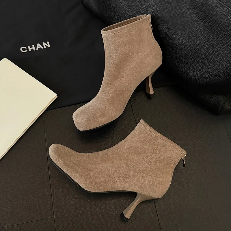 MKKHOU Fashion Short Boots Women's New High Quality Genuine Suede Boots Round Head Zipper Back High Heels Ankle Boots Women